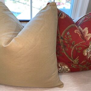 24”x24” Pillow Set in Schumacher “Fox Hollow” Tomato Brass & Brown Linen.